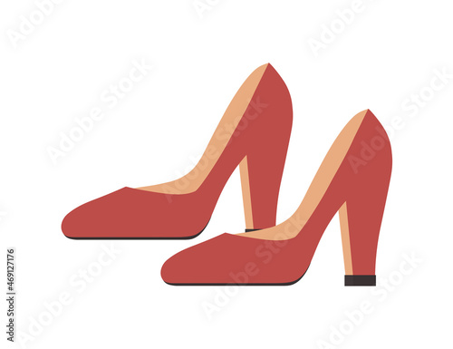 Red heels sticker. Shoes for girls, bright image, correction of growth problems. Party, holiday, business style, sexy clothes. High heel, badge, icon, button. Cartoon flat vector illustration