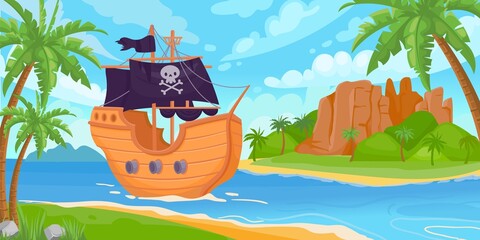 Wandcirkels Piraten Zeilend piratenschip langs palmeneiland  © Tartila