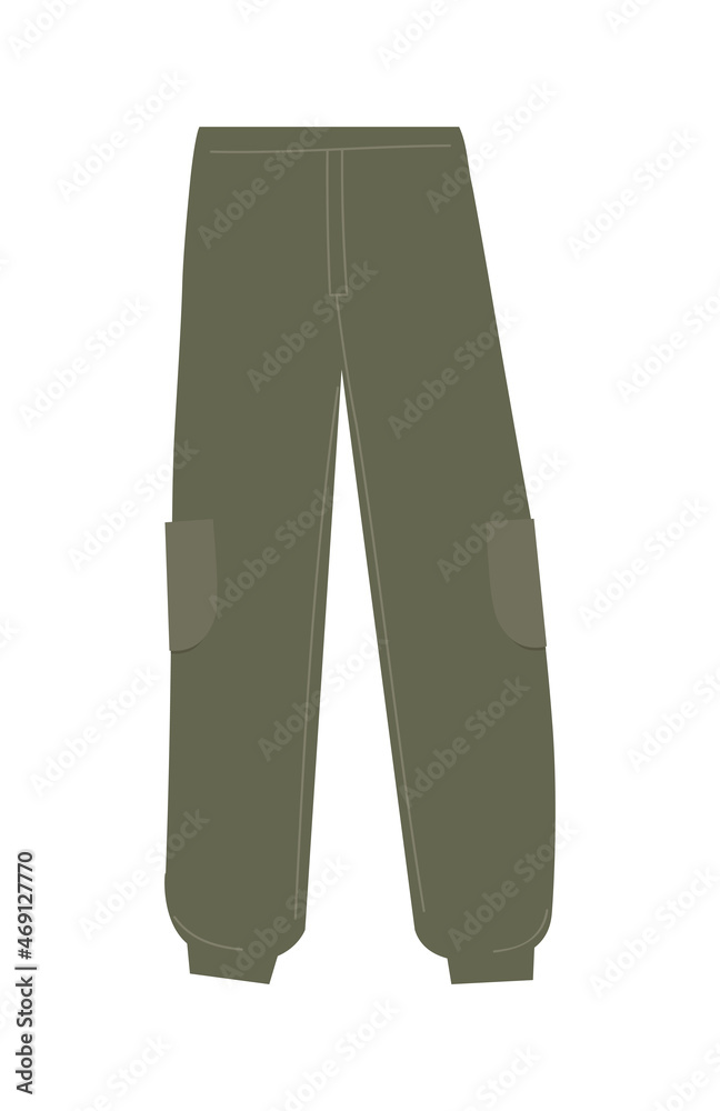 Sport pants sticker. Khaki clothes, camouflage clothes, summer, spring, freedom. Military style, mens fashion, calm shades. Atelier department icon or badge. Cartoon flat vector illustration Sport pants sticker. Khaki clothes, camouflage clothes, summer, spring, freedom. Military style, mens fashion, calm shades. Atelier department icon or badge. Cartoon flat vector illustration