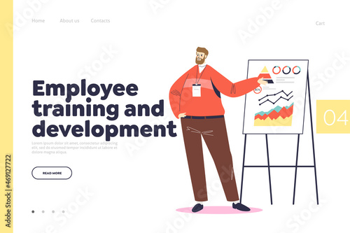 Employee training and development concept of landing page with male mentor presenting report