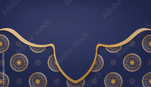 Dark blue banner template with abstract gold ornament and place for logo or text