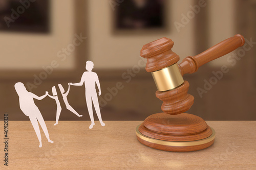 Law Book and gavel on the table with family figure child care law concept 3D rendering
