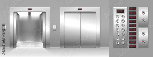 Realistic open and close elevator, buttons and floor number display. 3d lift metal gates and inside panel. Cargo elevators cabin vector set