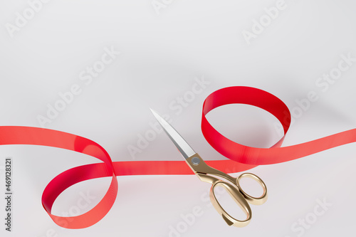 Red ribbon golden scissors cutting with Text space 3D rendering