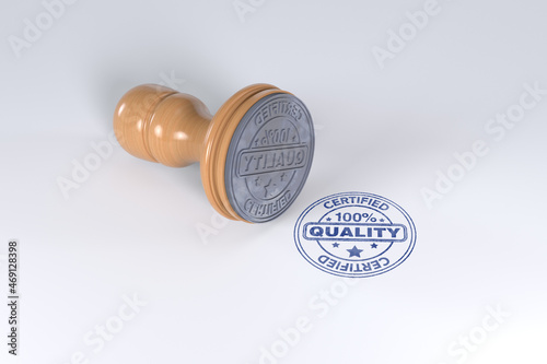 Blue superior quality stamp with wooden stamper isolated on white background. photo