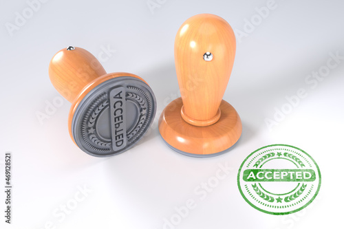 Accepted stamp. Wooden round stamper and stamp with text Certified on white background. 3d illustration. rubber stamp.