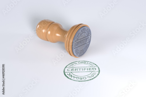 Green superior quality stamp with wooden rubber stamper isolated on white background Certified organic text.