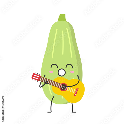Squash zucchini plays the guitar sings cute character cartoon vegetable marrow joy happy face courgette emotions icon vector illustration.
