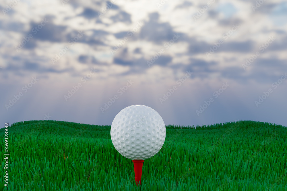 Golf ball on a tee on the golf course over a green field at the sunset. Golf ball on a tee on the golf course over a green field at the sunset.