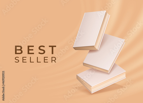 Bookstore or library poster with realistic floating blank book mockups. Closed books with empty cover. Reading and education vector concept