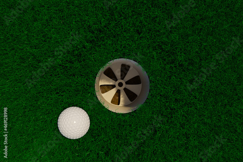Golf ball top view just go into the hole 3d illustration close up