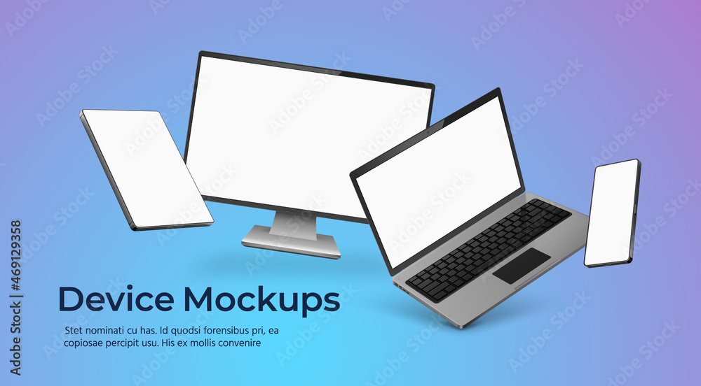 Device poster with floating realistic gadgets mockup with empty screens. 3d phone, laptop, monitor and tablet. Smart technology vector scene Device poster with floating realistic gadgets mockup with empty screens. 3d phone, laptop, monitor and tablet. Smart technology vector scene