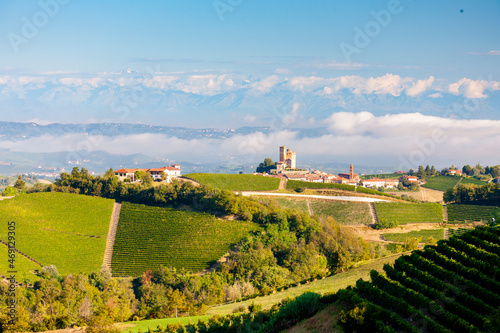 View of the village of Serralunga d Alba and the wonderful Langa  italy