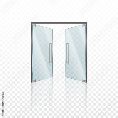Realistic glass door with metal handles. Modern clear doors with steel frame for shop store mall