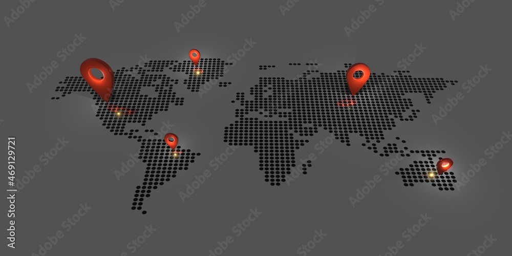 Obraz premium pin on world map Dark tones and glow pins global business communication 3d illustration