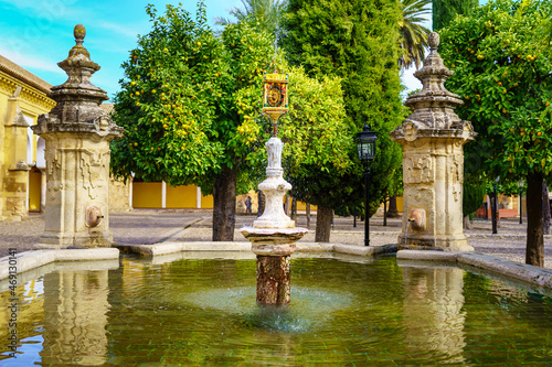 Fresh water fountains in the courtyard with orange trees of the mosque in Cordoba, Spain.