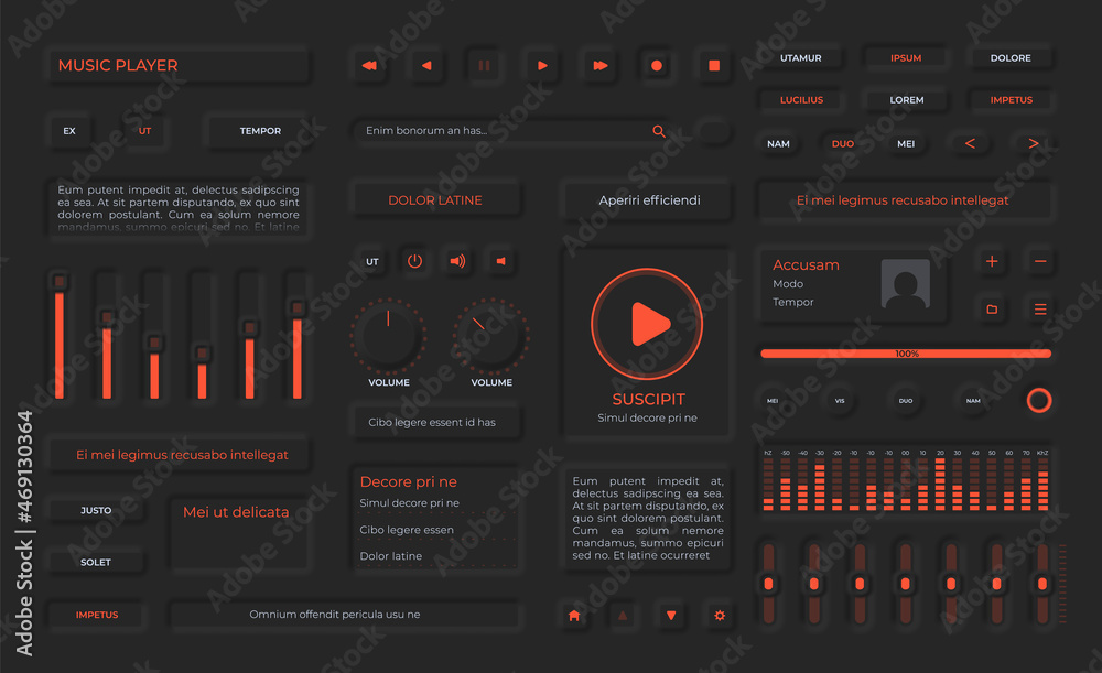 Neumorphism buttons, playlist menu, icons and volume sliders for music app. Audio player user interface elements in black design vector set