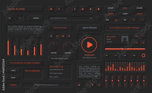 Neumorphism buttons, playlist menu, icons and volume sliders for music app. Audio player user interface elements in black design vector set
