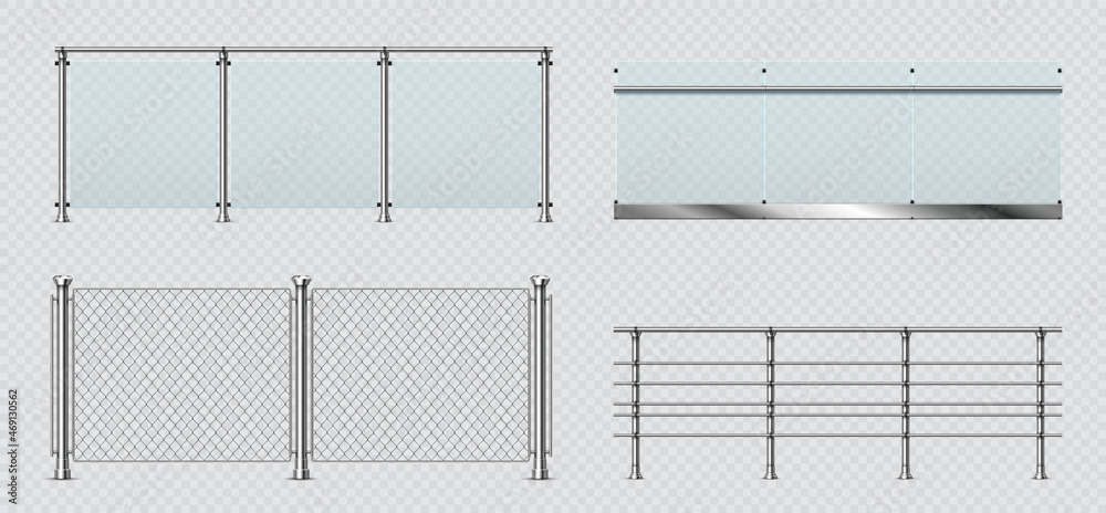 Realistic glass and metal balcony railings, wire fence. Transparent terrace balustrade with steel handrail. Pool fencing sections vector set - obrazy, fototapety, plakaty 