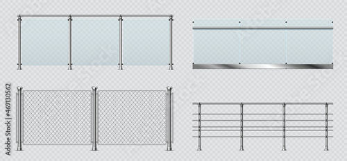 Stampa su tela Realistic glass and metal balcony railings, wire fence