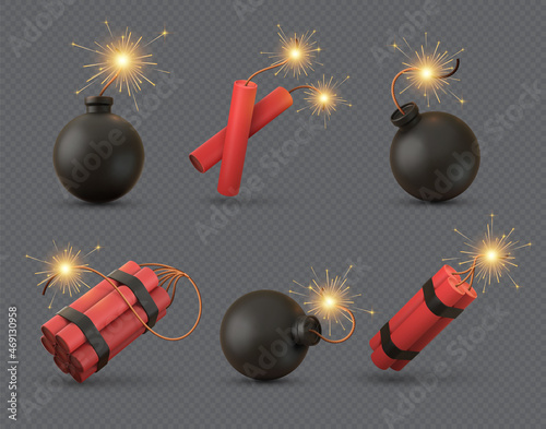 Realistic 3d bomb, tnt and dynamite sticks with burning fuse. Explosive military weapon or firecrackers with wick. Black bombs vector set photo