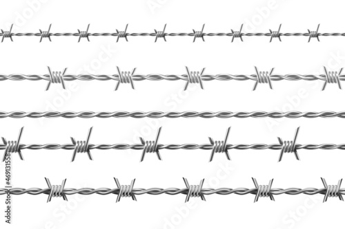 Realistic metal barbed wire, seamless borders with spikes. Jail or army fence protection with barbs. Boundary defense barbwire vector set