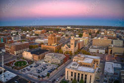 Aerial View of Downtown Sioux City  Iowa at Dusk