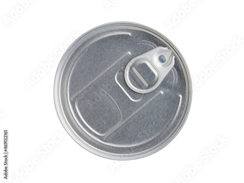 Aluminum metal can for drinks and food with a ring for opening. Isolated on a white background, top view