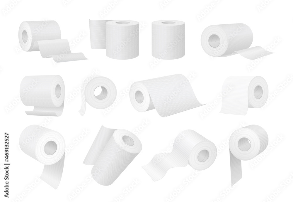 Realistic white toilet paper and kitchen towel rolls. 3d cylinder hygiene wipes with tube