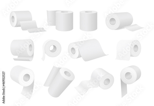 Realistic white toilet paper and kitchen towel rolls. 3d cylinder hygiene wipes with tube. Bathroom paper tissues product mockup vector set