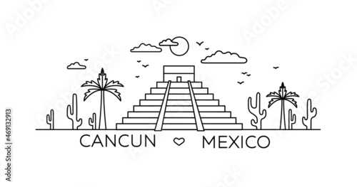 Cancun lineart illustration. Cancun line drawing. Modern style Cancun city illustration. Hand sketched poster, banner, postcard, card template for travel company, T-shirt, shirt. Vector EPS 10