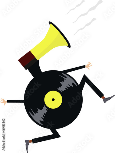 Cartoon running vinyl illustration. 
Comic long-playing record with hands, legs and loud hailer instead the head isolated on white
