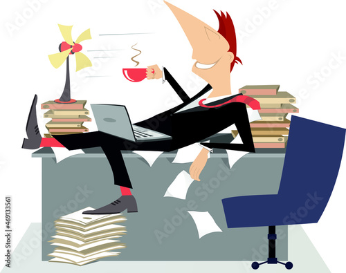 Businessman in the office lies on the table on the piles of documents in front of the tabletop fan and takes a delight from the fresh air, coffee or tea isolated on white