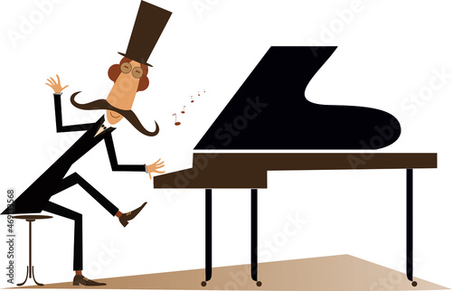 Cartoon long mustache pianist illustration. 
Long mustache pianist or composer in the top hat plays music on piano isolated on white 
