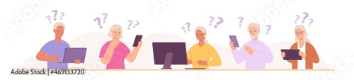 Senior people have problem with technology, phone, computer and tablet. Elderly characters trouble with communication gadgets vector concept