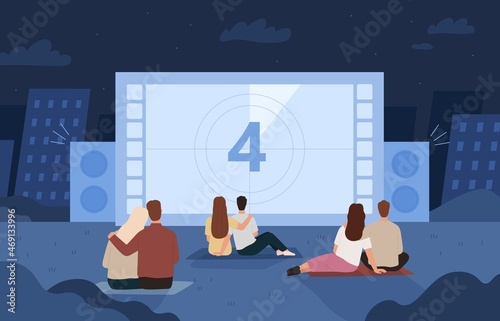 People watching outdoor cinema on big screen at night. Dating couples in backyard movie theater. Flat open air cinema evening vector concept
