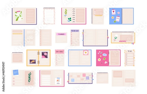 Cute planner, diary, journal, paper notebook and to do list. Decorated notepads with stickers, photos and flowers. Cartoon notes vector set