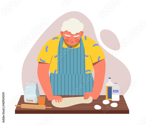Boy knead dought. Preparing for other dishes. Character makes himself pizza. Husband does household chores, routine, delicious food, delicacy. Kitchen, indoor. Cartoon flat vector illustration