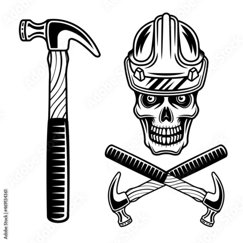 Skull of worker in hard hat and claw hammer set of vector objects or design elements in vintage monochrome style isolated on white background