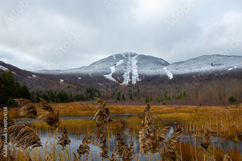 Nice view of Mount Orford in Quebec, Canada, after the first frost in the mountains photo