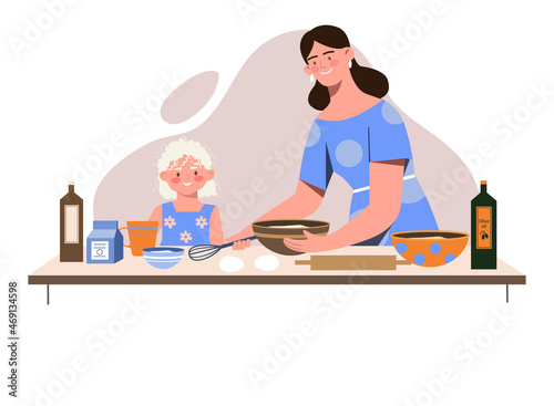 Mom and daughter cook. Family dinner, characters want to please their promoters. Novice cook, helping mother with household chores, routine, kitchen, apartment. Cartoon flat vector illustration