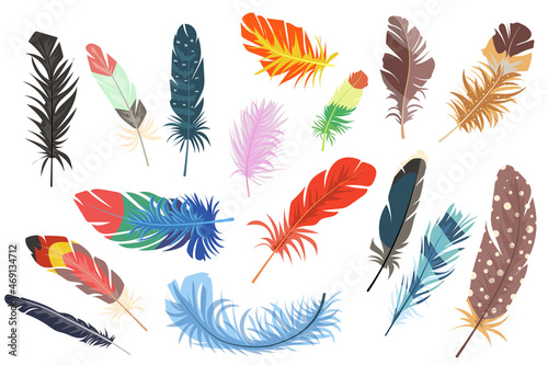 Feathers isolated elements set. Bundle of different types of colorful bright bird feathers from wings. Falling multicolored plumage signs. Creator kit for vector illustration in flat cartoon design