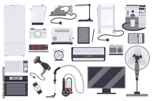 Household appliances isolated elements set. Bundle of refrigerator, iron, kettle, toaster, microwave, oven, TV, vacuum cleaner, fan and more. Creator kit for vector illustration in flat cartoon design