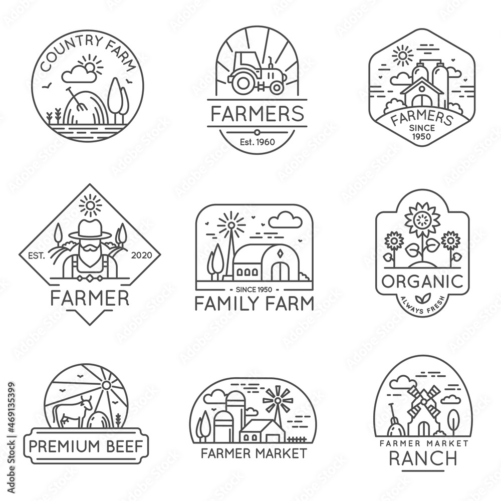 Farm organic product line label and logo with field and barn. Fresh food products icons, nature countryside landscape. Farmland vector set Farm organic product line label and logo with field and barn. Fresh food products icons, nature countryside landscape. Farmland vector set