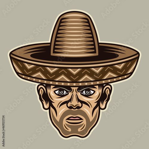 Man head in sombrero hat with bristle. Vector character illustration in colored cartoon style on light background