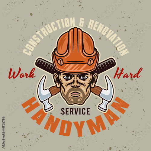 Handyman in hard hat and two crossed hammers vector vintage emblem, label, badge or logo for construction company. Illustration in colorful cartoon style on light background