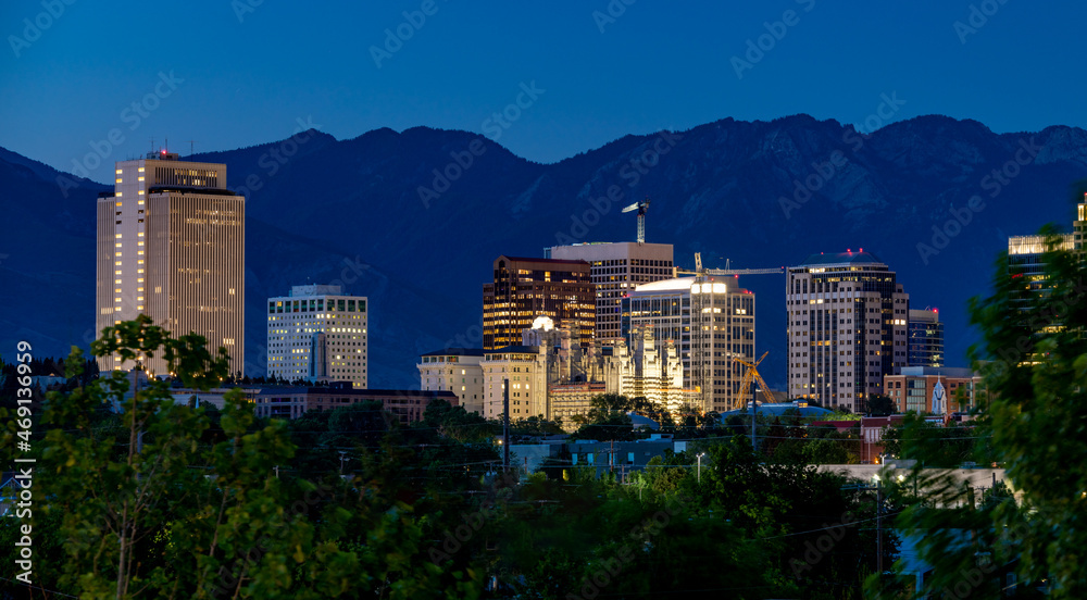 Fototapeta premium Salt Lake city Temple construction and skyline closeup at night