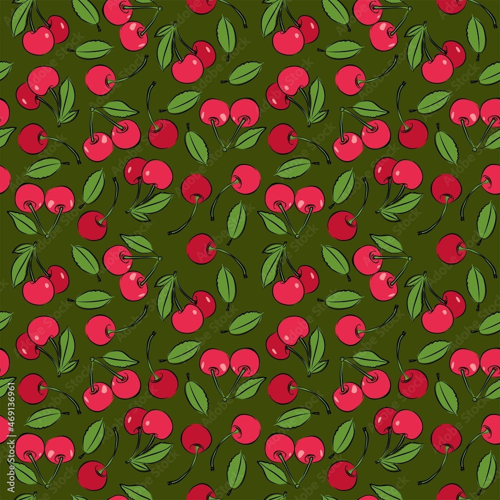 Seamless pattern with cherries. Vector hand-drawn berrius background. Pattern for printing on fabric or wallpaper Seamless pattern with cherries. Vector hand-drawn berrius background. Pattern for printing on fabric or wallpaper