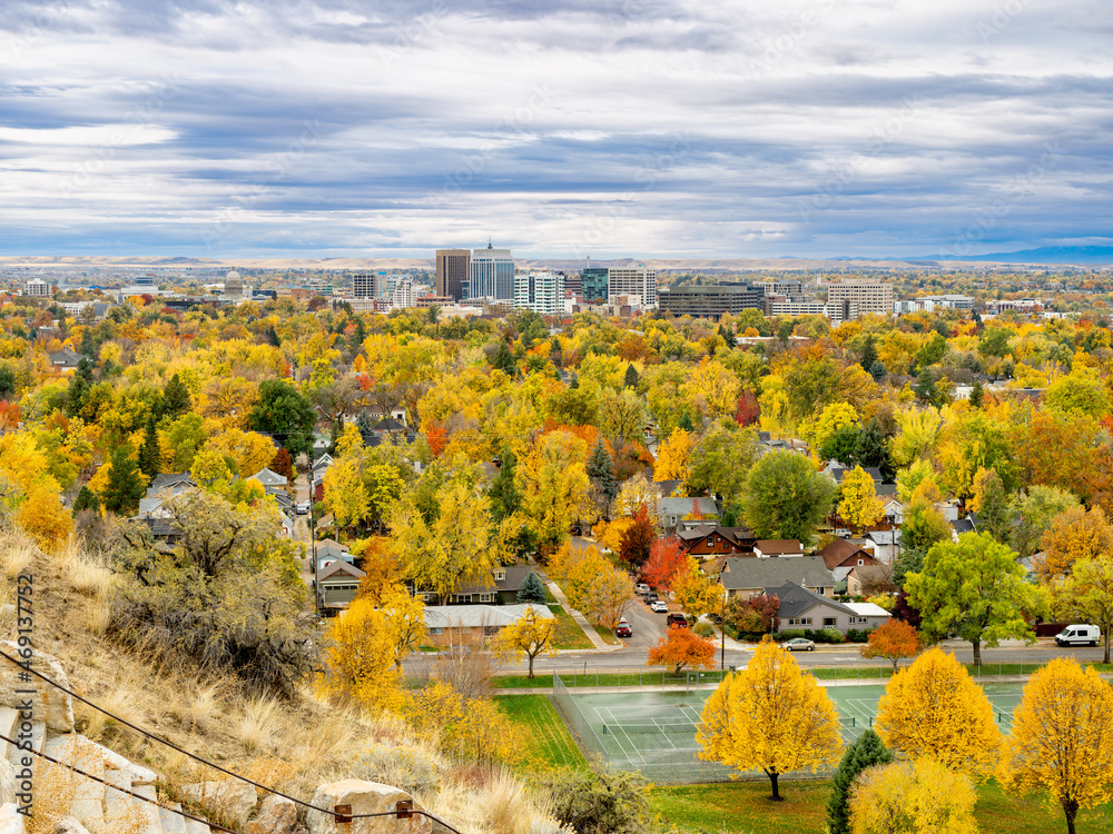 Distant view of Boise Idaho in autumn with colorful trees Distant view of Boise Idaho in autumn with colorful trees