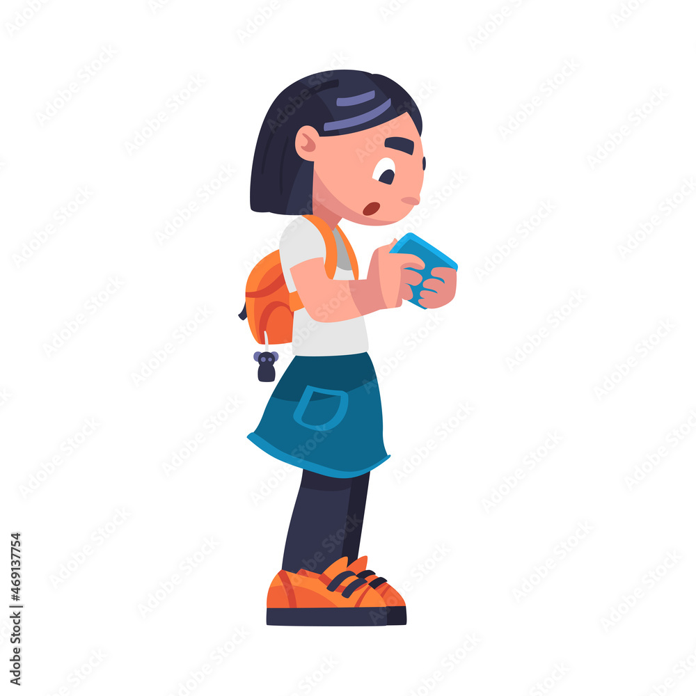 Girl Addicted to Gadget Standing and Playing Video Game Vector Illustration.